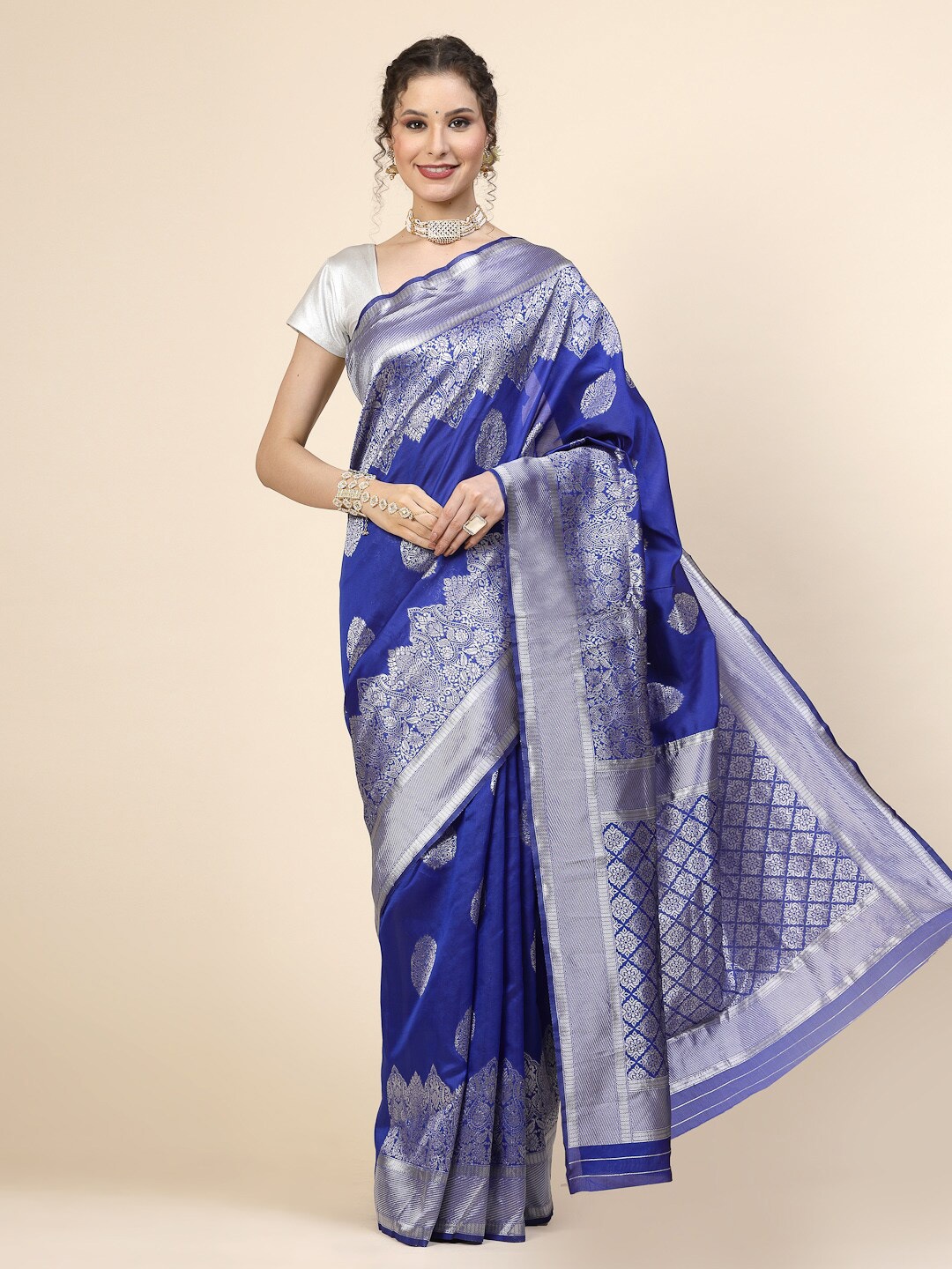 

KALINI Ethnic Motifs Woven Design Zari Pure Silk Banarasi Saree, Blue