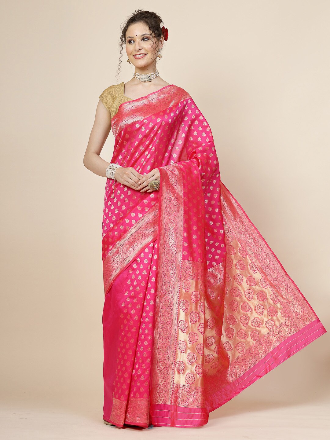 

KALINI Ethnic Motifs Woven Design Zari Pure Silk Banarasi Saree, Pink