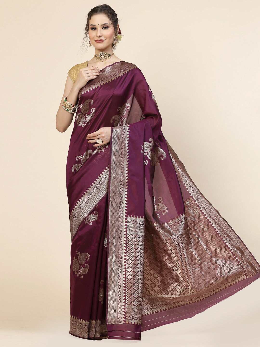 

KALINI Ethnic Motifs Woven Design Zari Pure Silk Banarasi Saree, Maroon