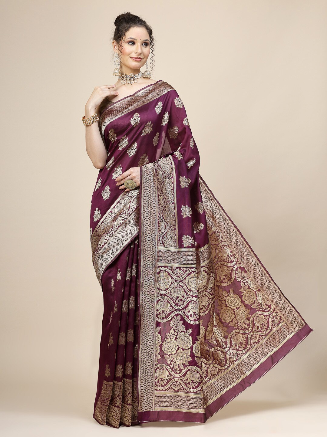 

KALINI Ethnic Motifs Woven Design Pure Silk Banarasi Zari Saree, Purple
