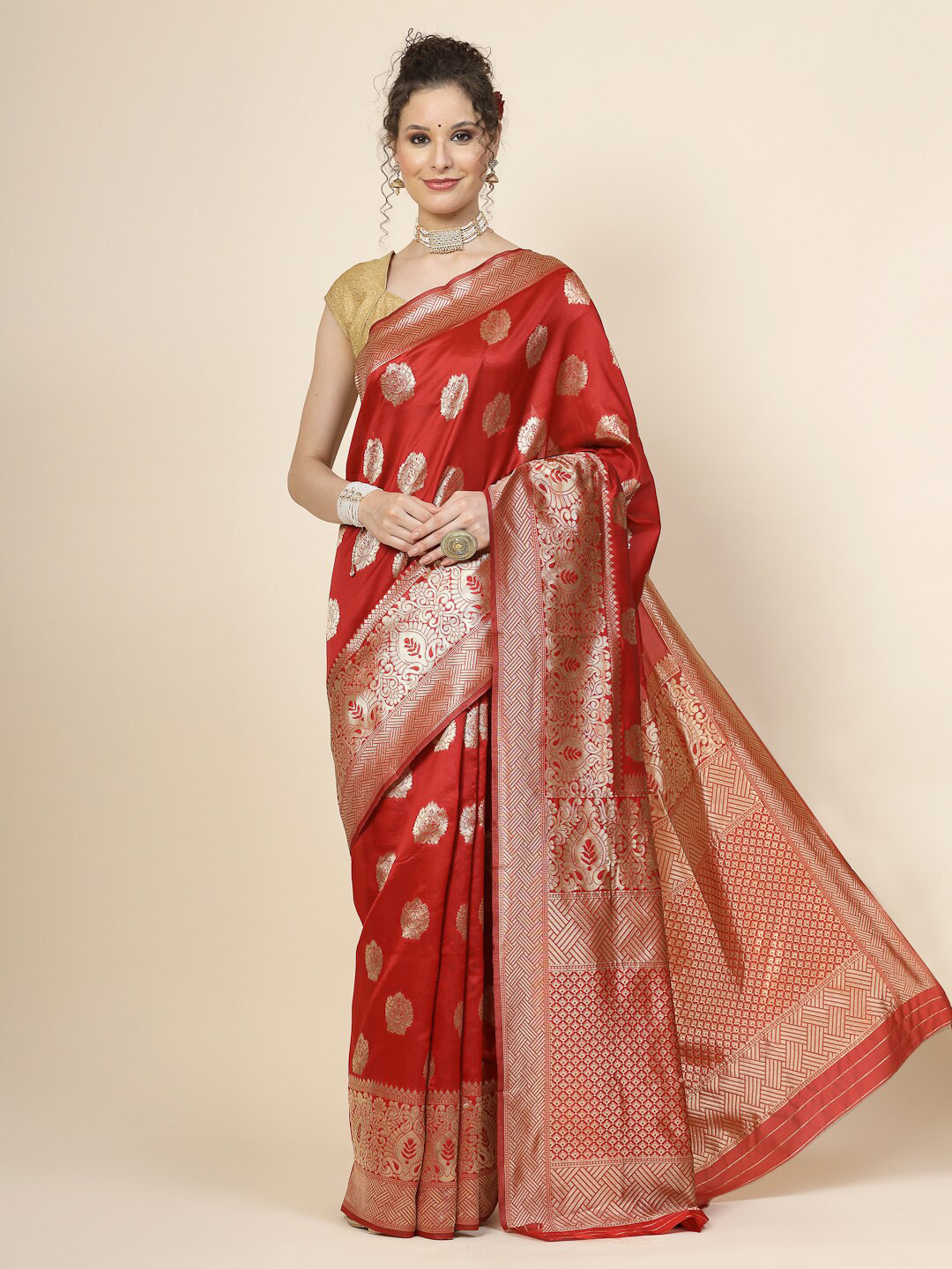

KALINI Ethnic Motifs Woven Design Pure Silk Banarasi Zari Saree, Red