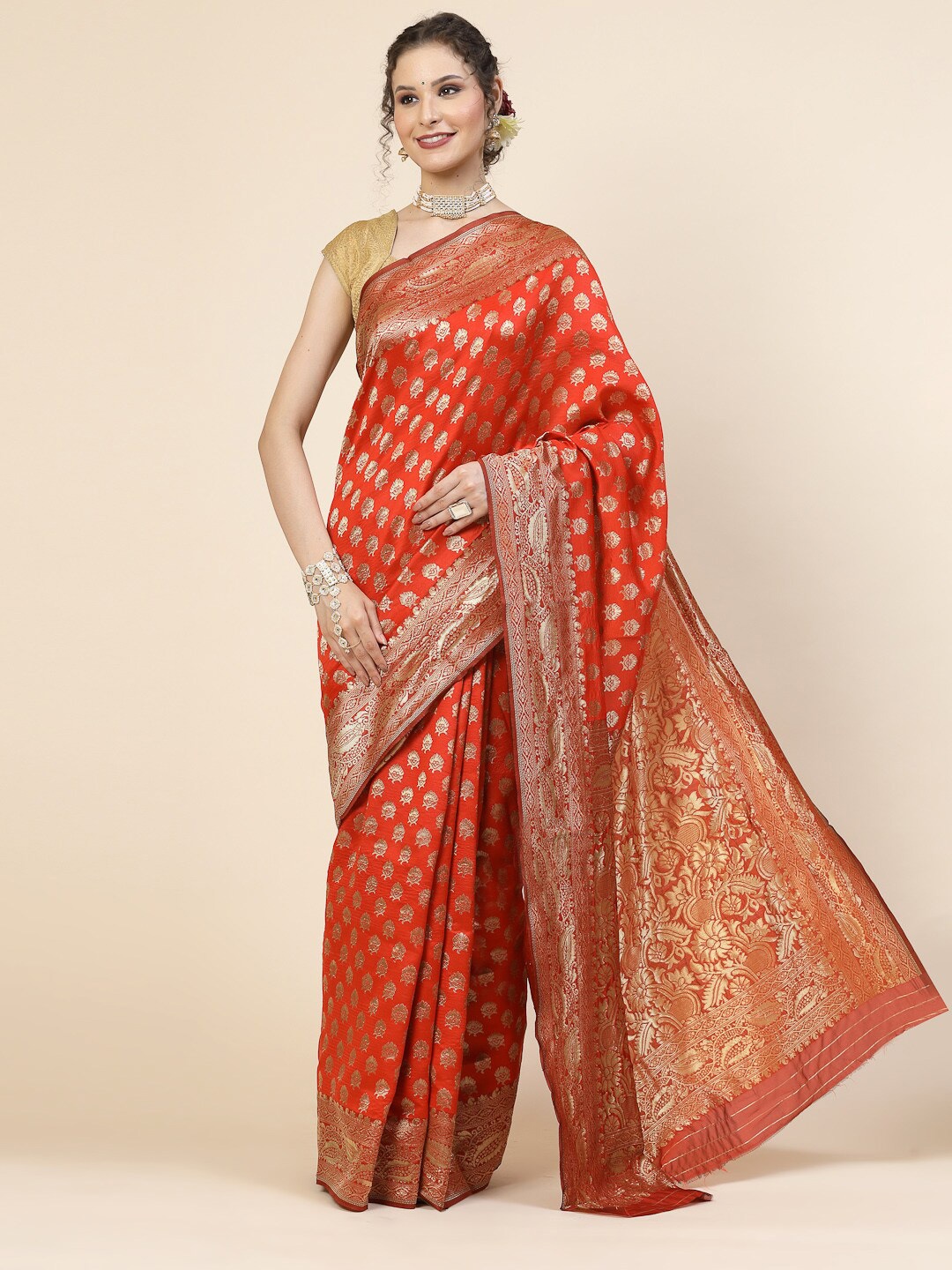 

KALINI Woven Design Zari Pure Silk Banarasi Saree, Orange