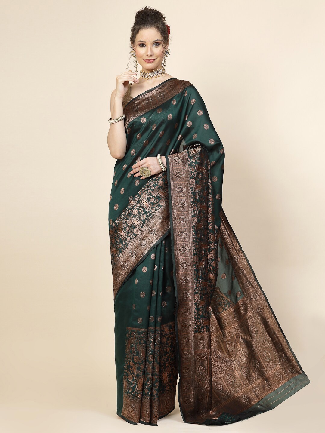 

KALINI Ethnic Motifs Woven Design Zari Pure Silk Banarasi Saree, Green