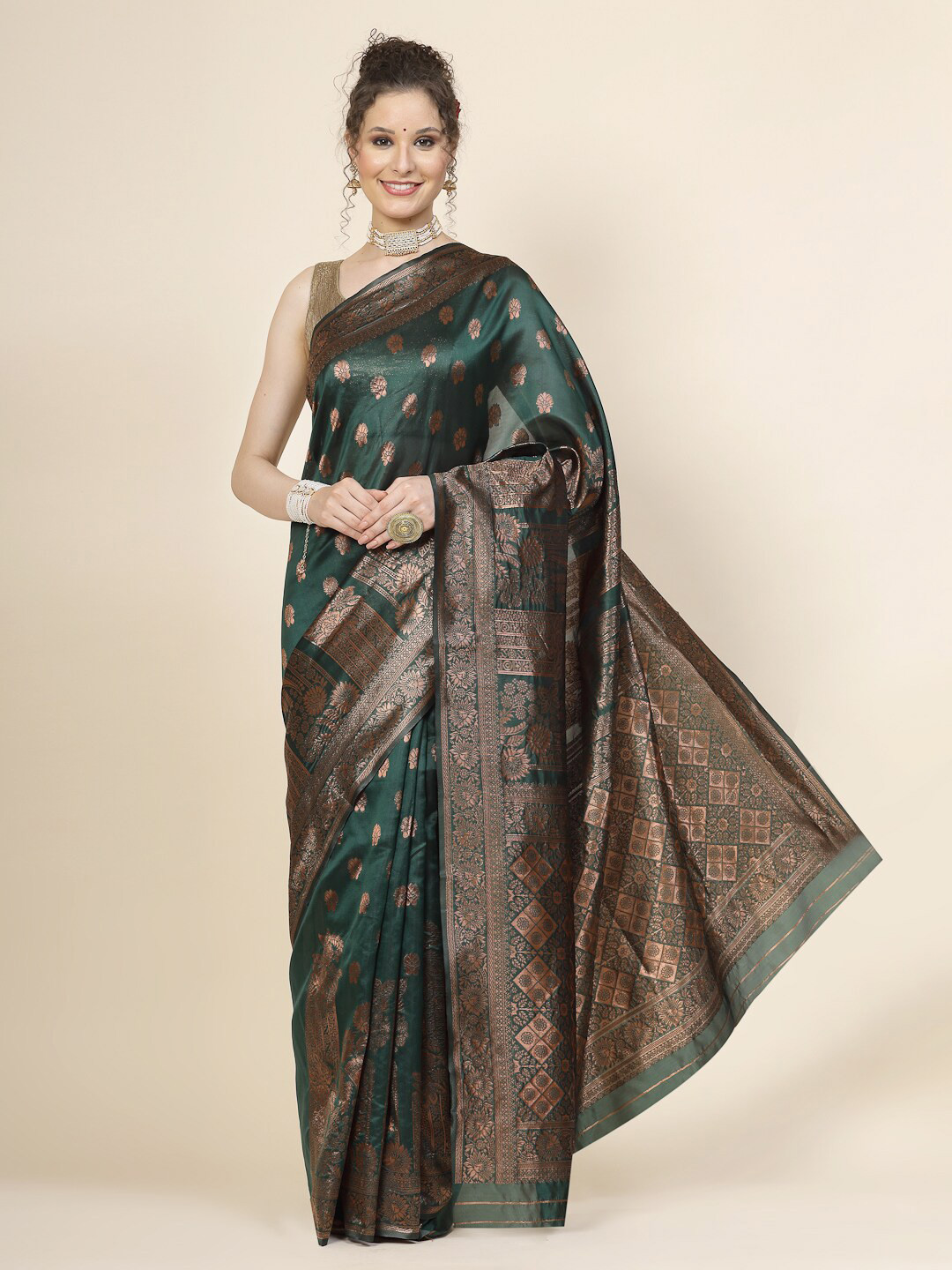 

KALINI Floral Woven Design Zari Pure Silk Banarasi Saree, Green