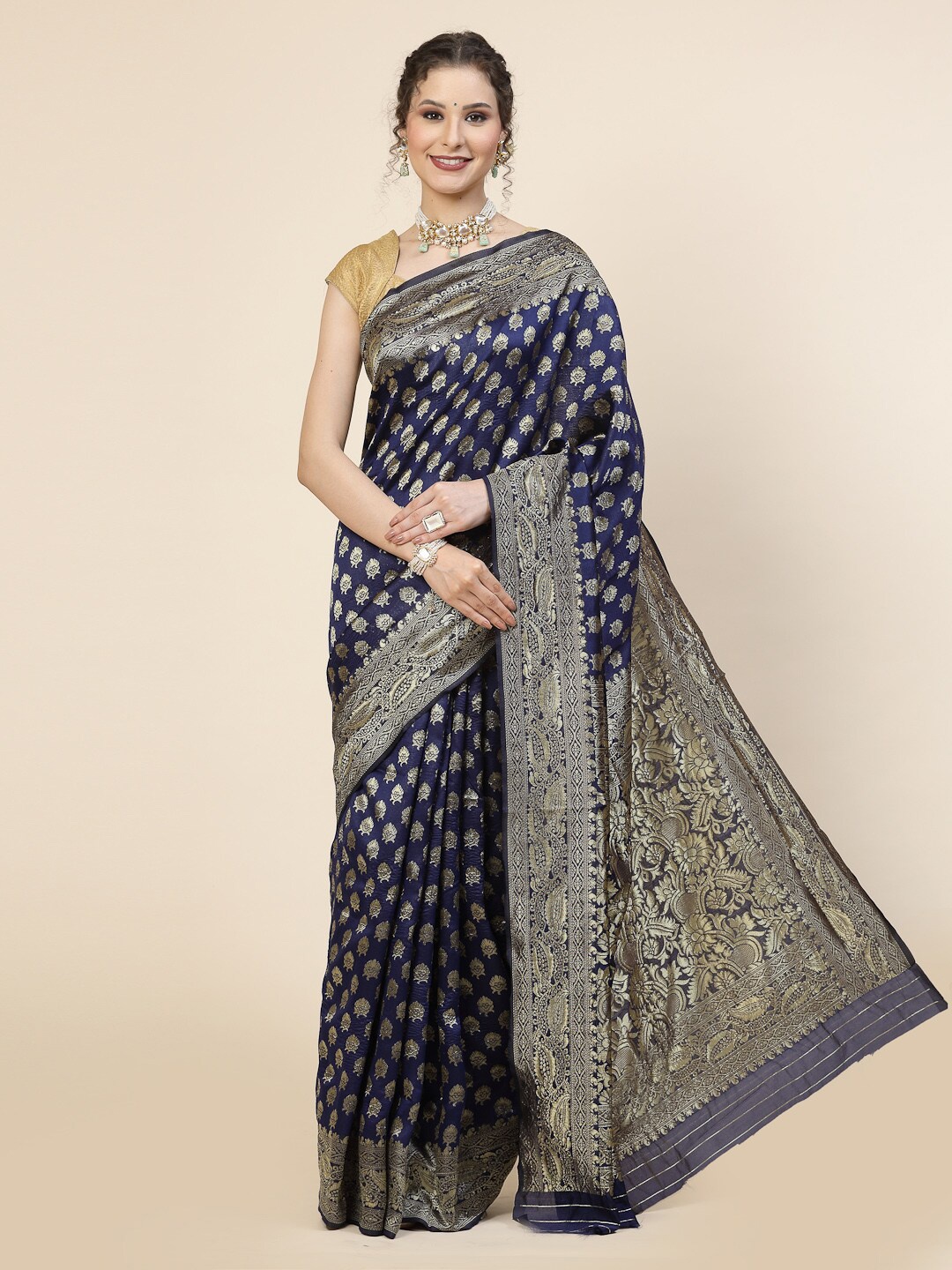 

KALINI Ethnic Motifs Woven Design Zari Pure Silk Banarasi Saree, Blue