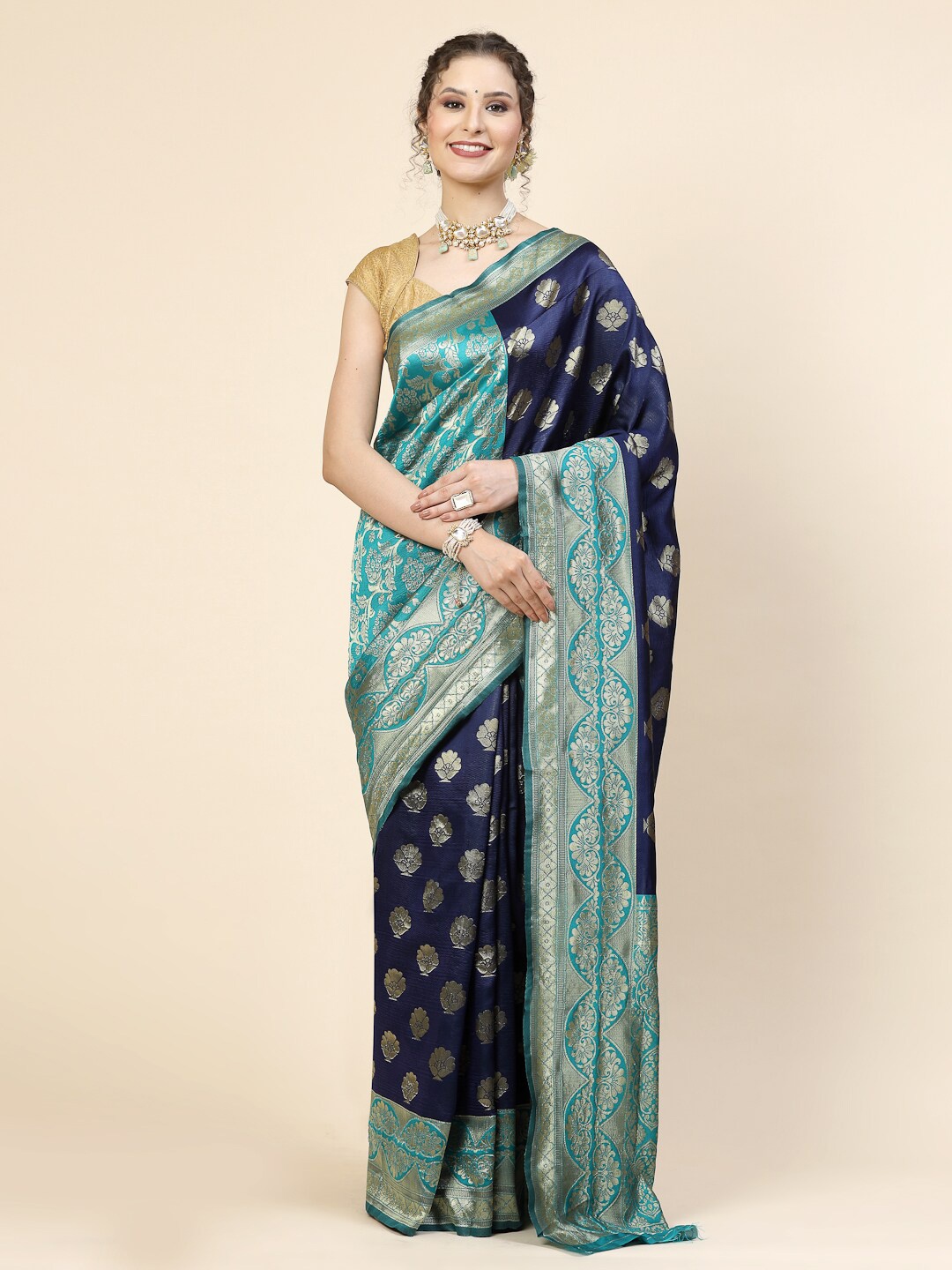 

KALINI Ethnic Motifs Pure Silk Banarasi Zari Saree, Blue