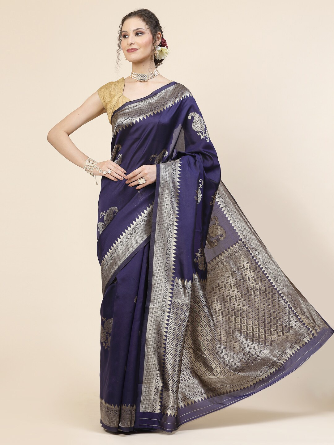 

KALINI Ethnic Motifs Woven Design Zari Pure Silk Banarasi Saree, Blue