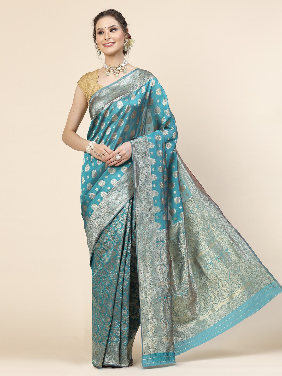 

KALINI Ethnic Motifs Woven Design Zari Pure Silk Banarasi Saree, Teal