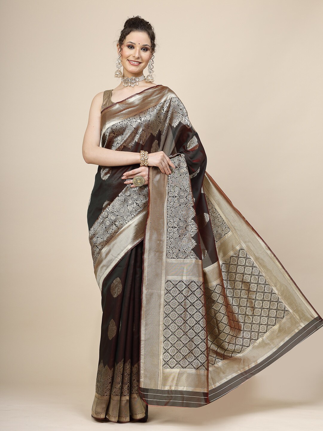 

KALINI Ethnic Motifs Woven Design Zari Pure Silk Banarasi Saree, Grey