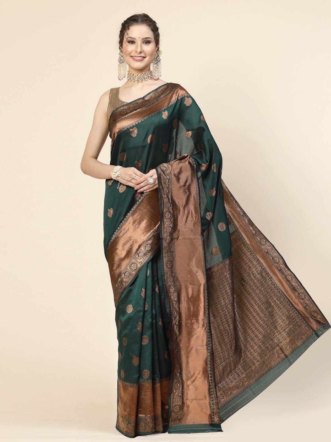 

KALINI Ethnic Motifs Woven Design Zari Pure Silk Banarasi Saree, Green