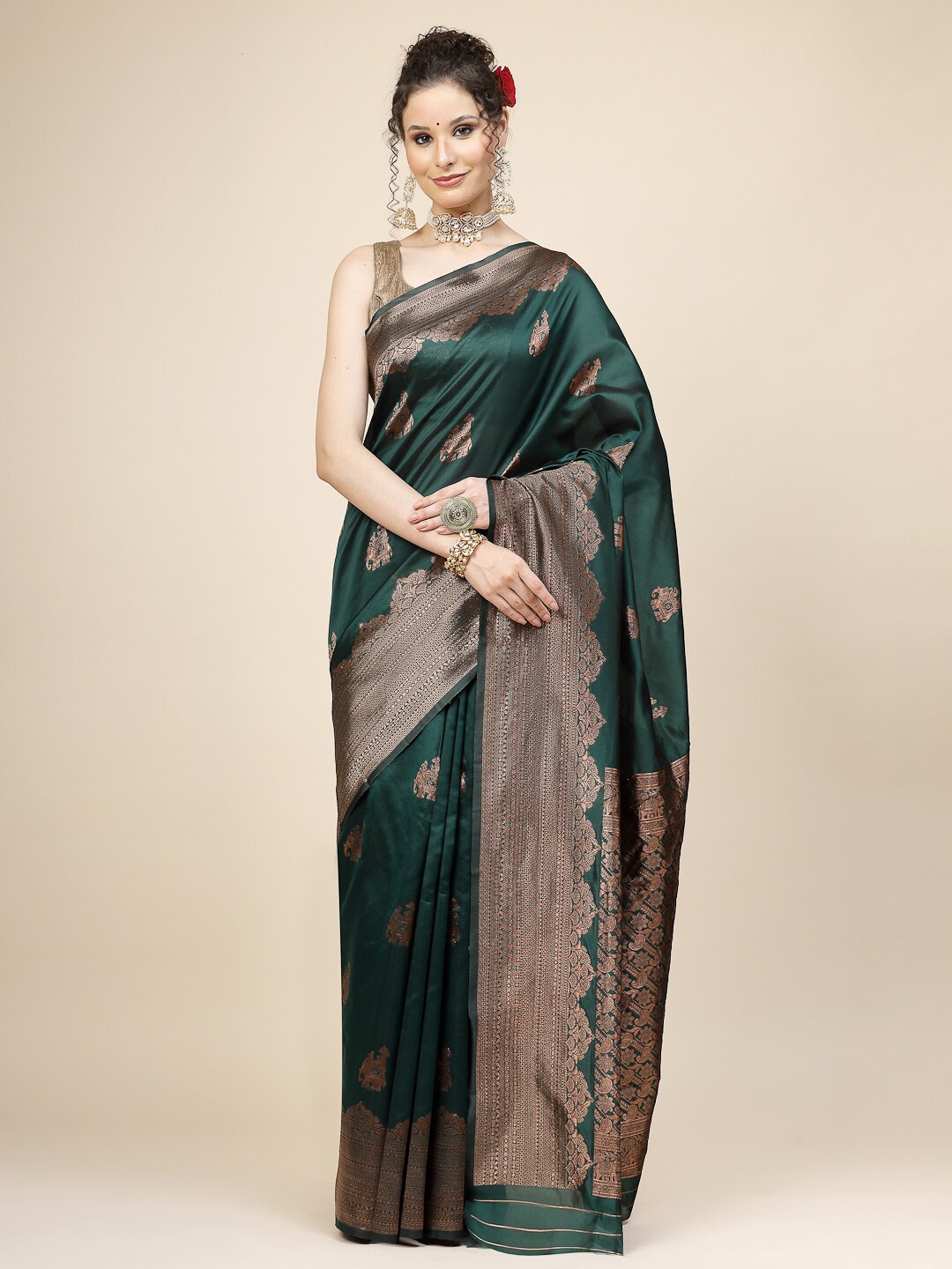 

KALINI Ethnic Motifs Woven Design Zari Pure Silk Banarasi Saree, Green