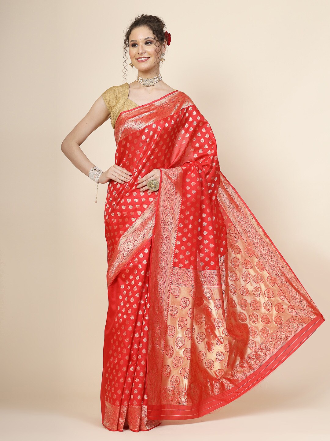 

KALINI Ethnic Motifs Woven Design Zari Pure Silk Banarasi Saree, Red