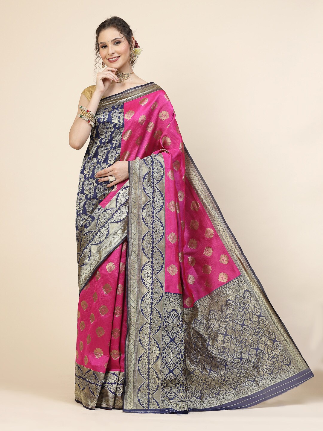

KALINI Floral Woven Design Zari Pure Silk Banarasi Saree, Pink