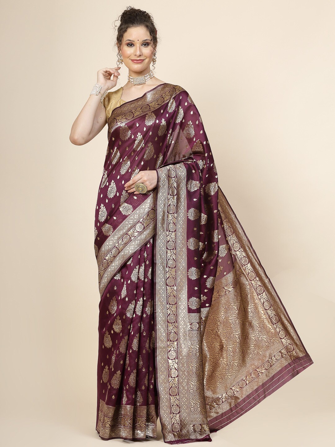 

KALINI Ethnic Motifs Woven Design Zari Pure Silk Banarasi Saree, Purple