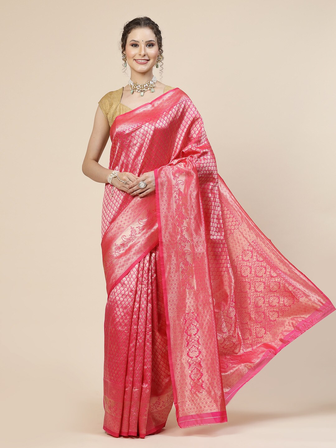 

KALINI Ethnic Motifs Woven Design Zari Pure Silk Banarasi Saree, Pink