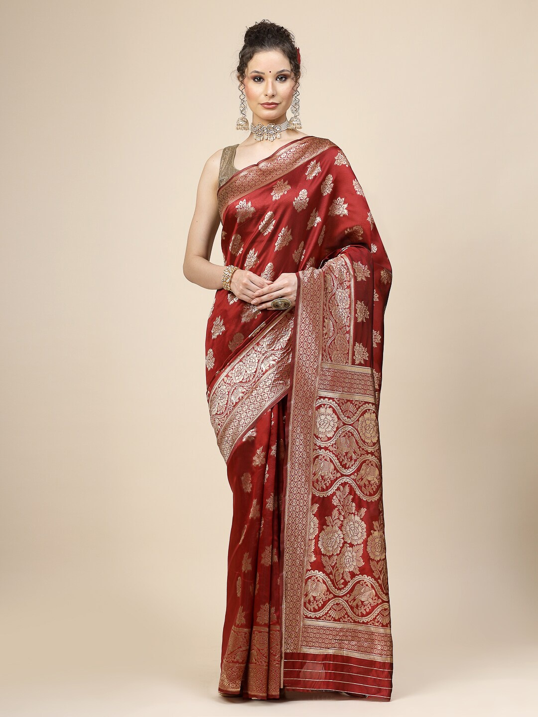 

KALINI Ethnic Motifs Woven Design Zari Pure Silk Banarasi Saree, Red