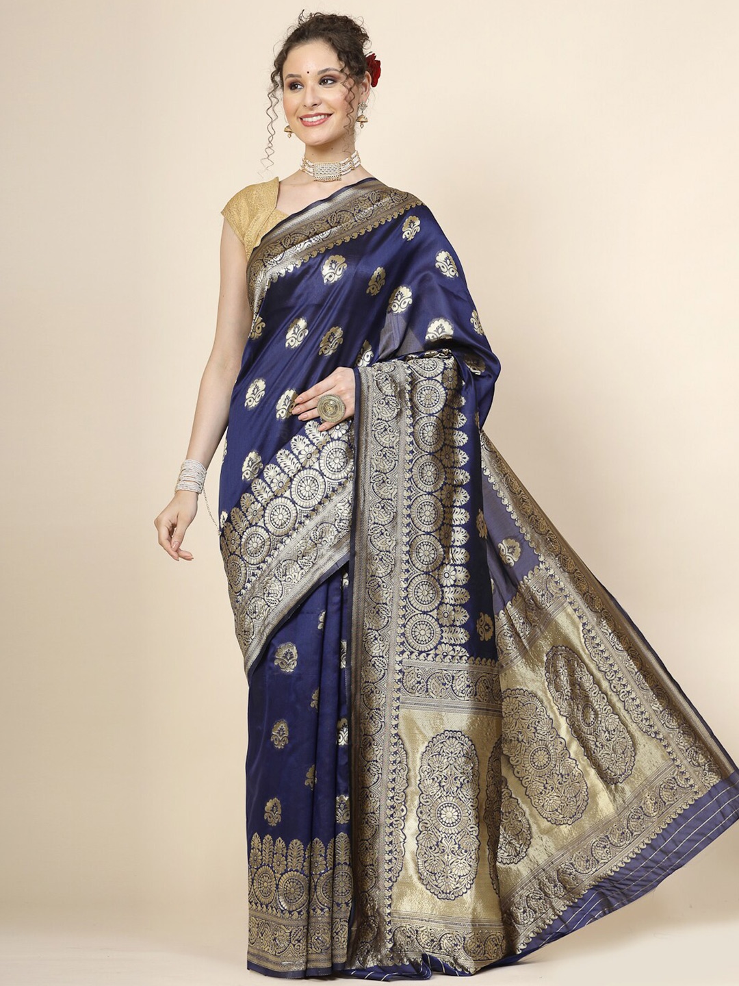 

KALINI Ethnic Motifs Woven Design Zari Pure Silk Banarasi Saree, Blue