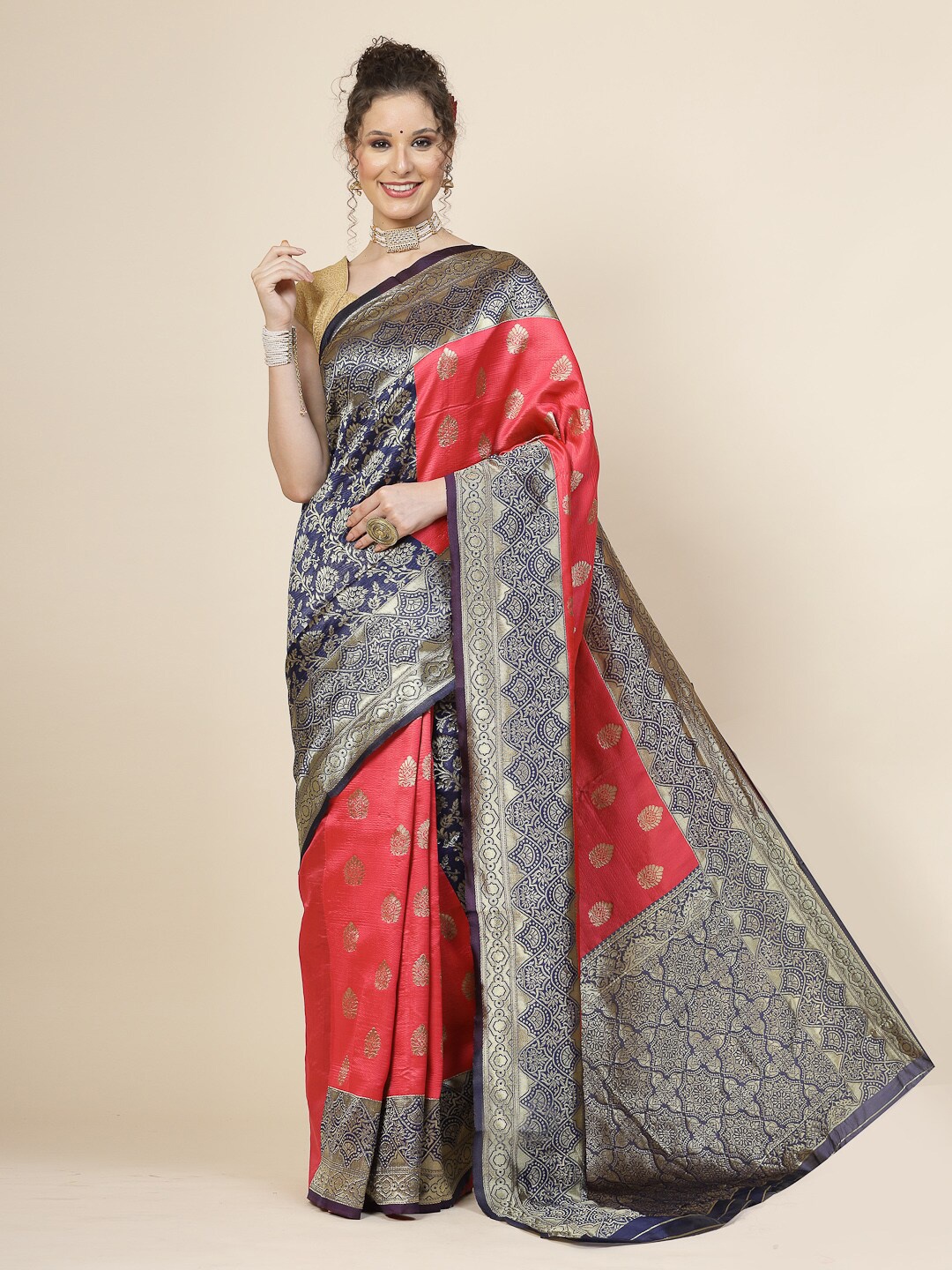 

KALINI Ethnic Motifs Woven Design Zari Pure Silk Banarasi Saree, Red