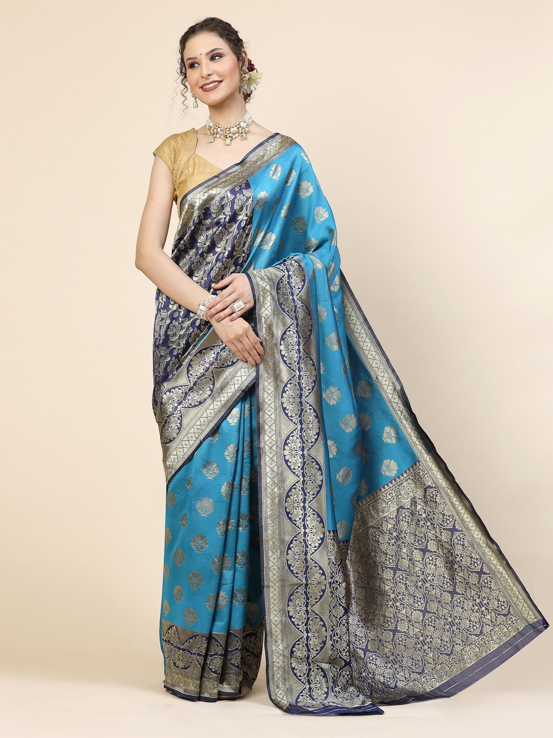 

KALINI Ethnic Motifs Woven Design Zari Pure Silk Banarasi Saree, Teal