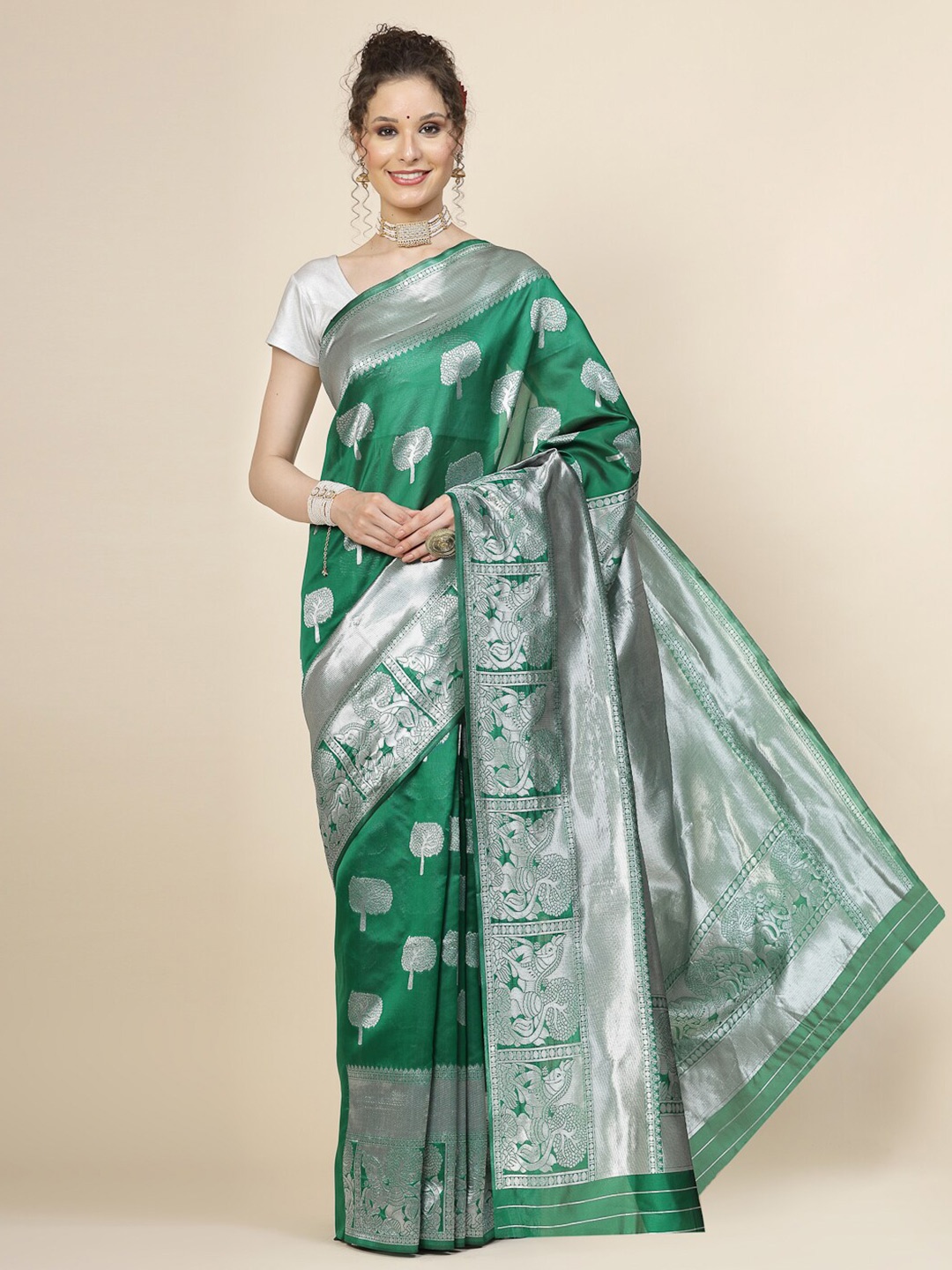 

KALINI Ethnic Motifs Woven Design Zari Pure Silk Banarasi Saree, Green
