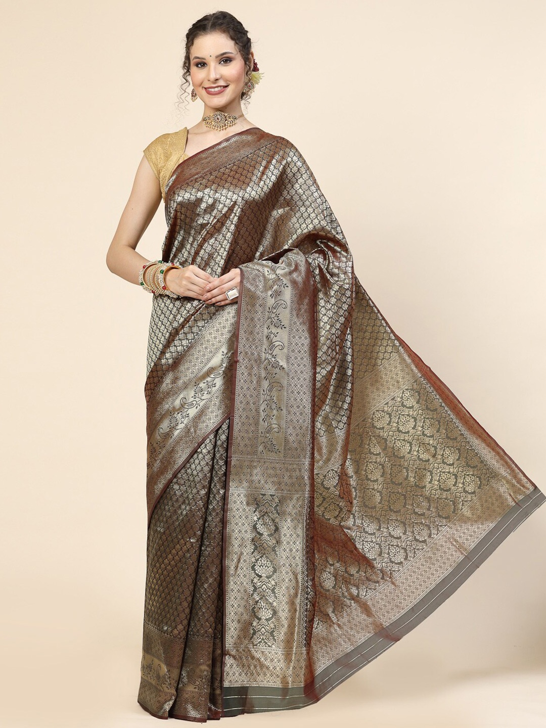 

KALINI Ethnic Motifs Woven Design Pure Silk Banarasi Zari Saree, Green