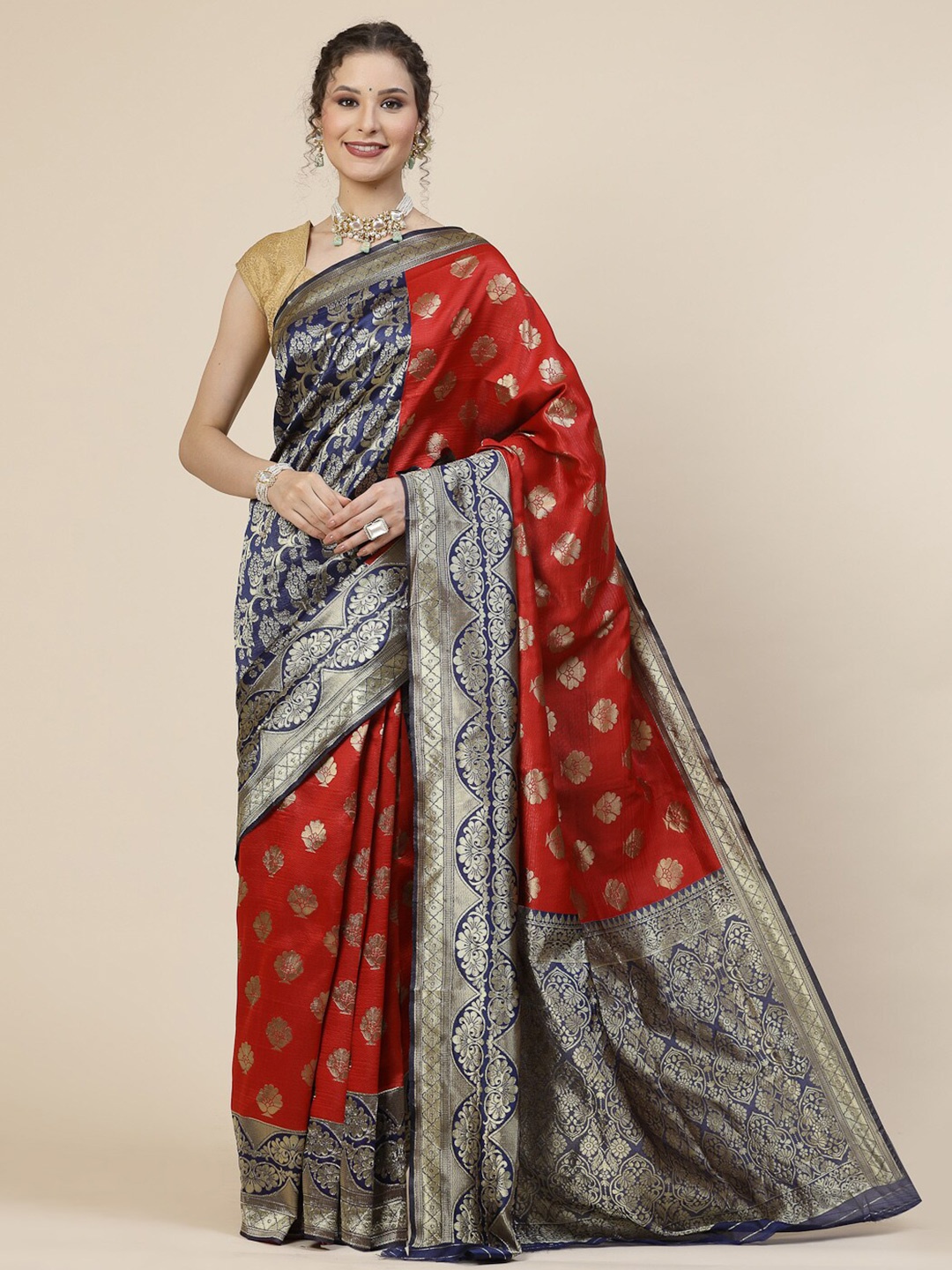 

KALINI Floral Woven Design Zari Pure Silk Banarasi Saree, Red