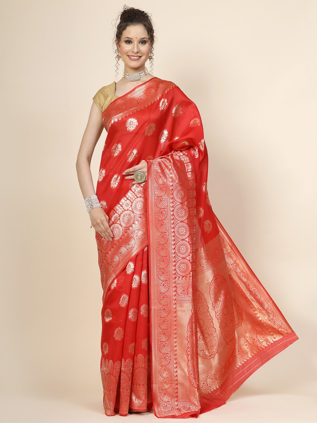 

KALINI Ethnic Motifs Woven Design Zari Pure Silk Banarasi Saree, Red