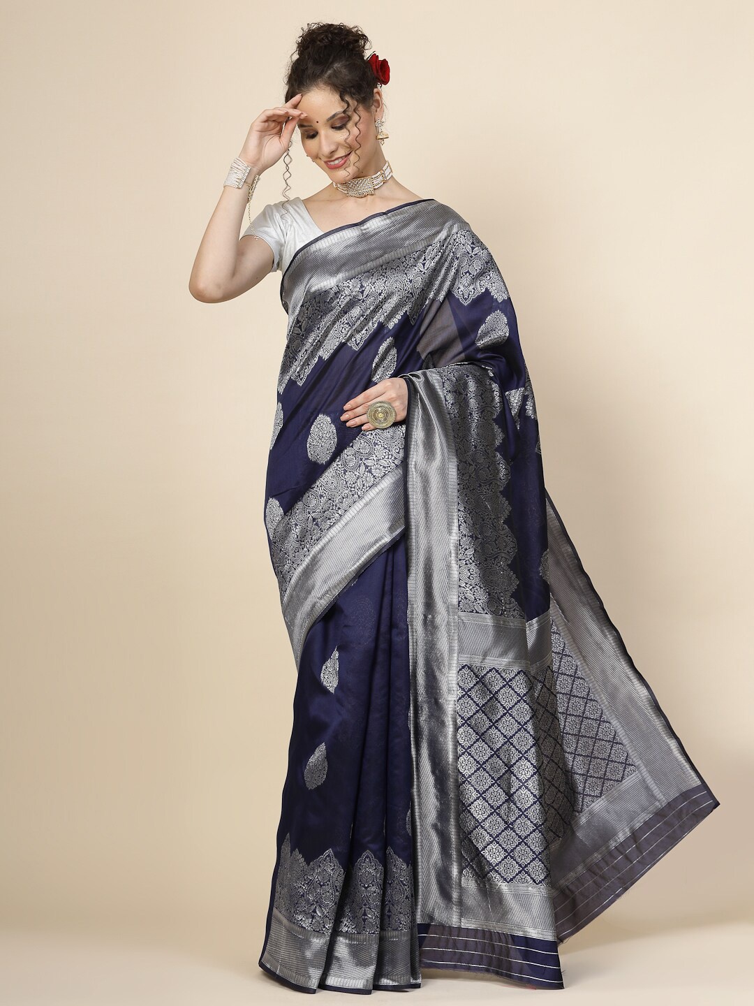 

KALINI Ethnic Motifs Woven Design Zari Pure Silk Banarasi Saree, Blue