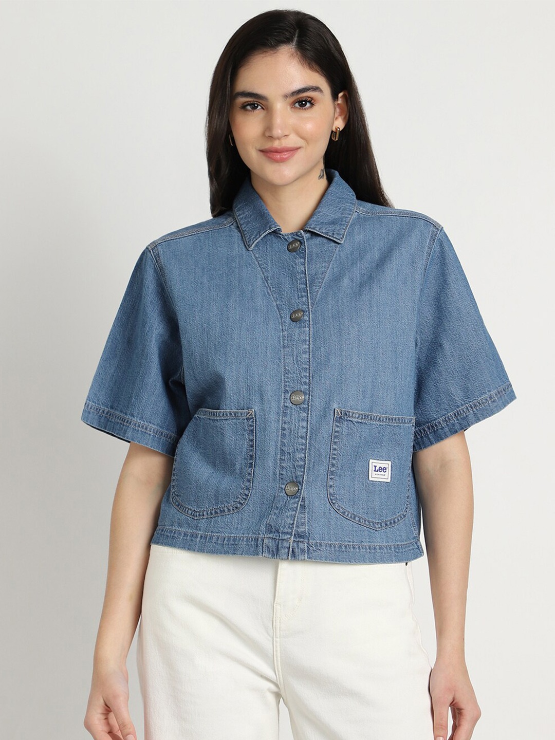

Lee Relaxed Boxy Fit Denim Weave Cotton Casual Shirt, Blue