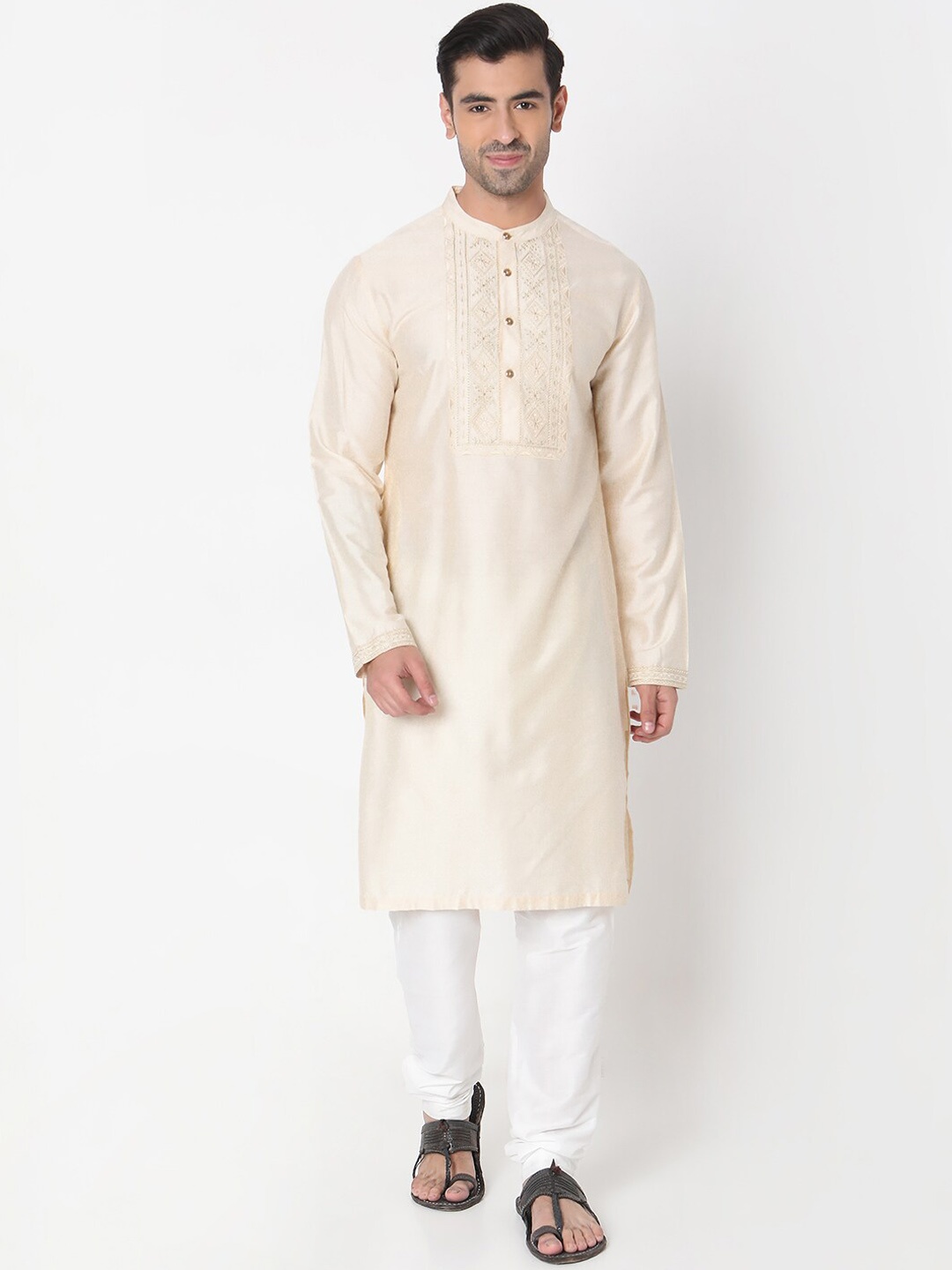 

Ethnicity Floral Yoke Design Mandarin Collar Embroidered Straight Kurta, Cream