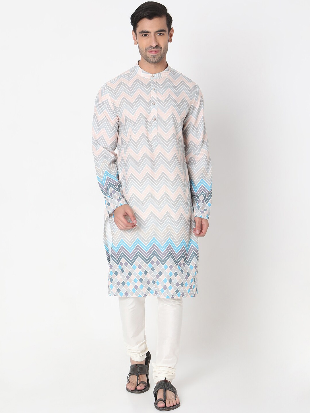 

Ethnicity Geometric Printed Mandarin Collar Straight Kurta, Blue