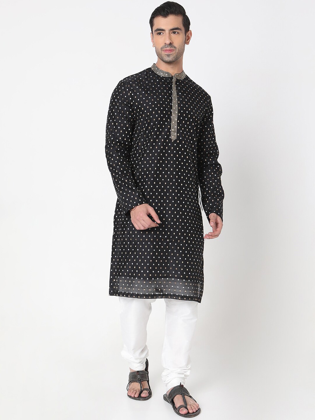 

Ethnicity Geometric Woven Design Mandarin Collar Jacquard Straight Kurta, Black