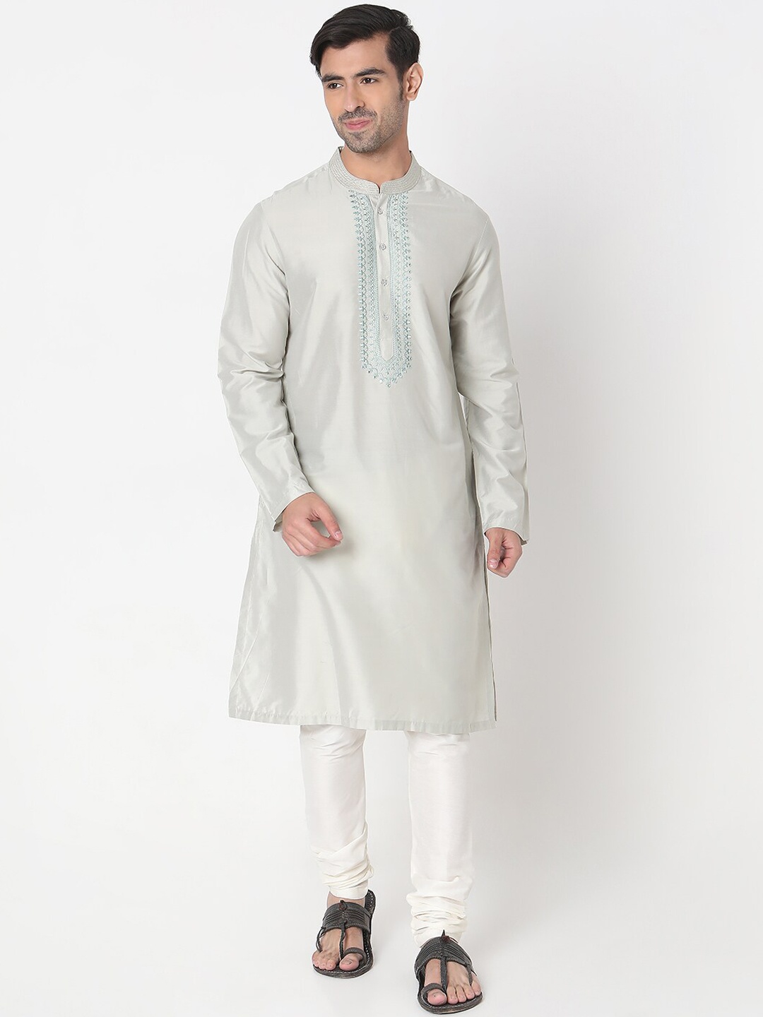 

Ethnicity Ethnic Yoke Design Mandarin Collar Long Sleeves Mirror Work Straight Kurta, Grey