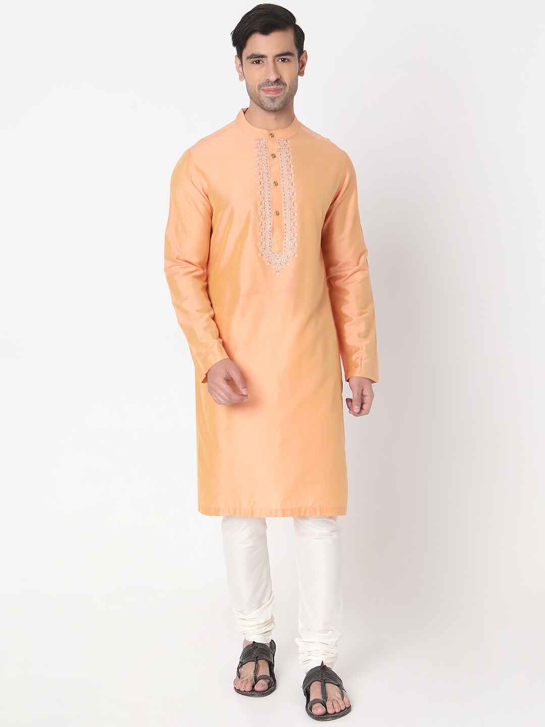 

Ethnicity Ethnic Yoke Design Mandarin Collar Long Sleeves Thread Work Straight Kurta, Peach