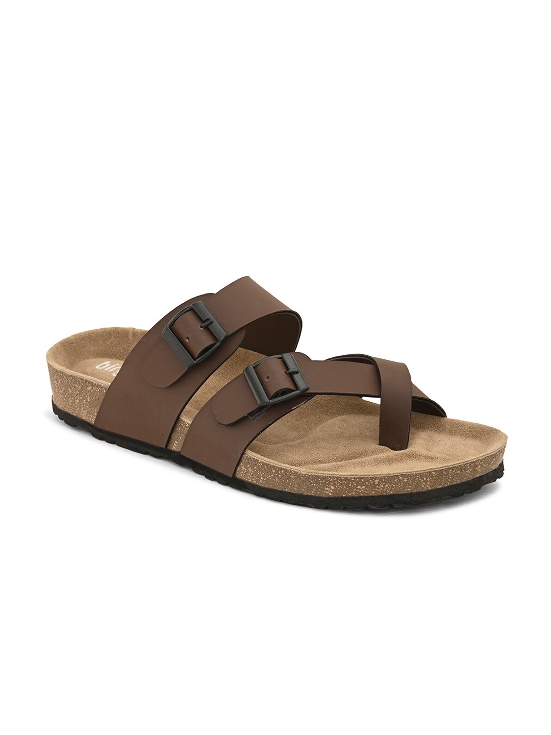 birgos Men Buckle Detailed Leather Comfort Sandals, Brown