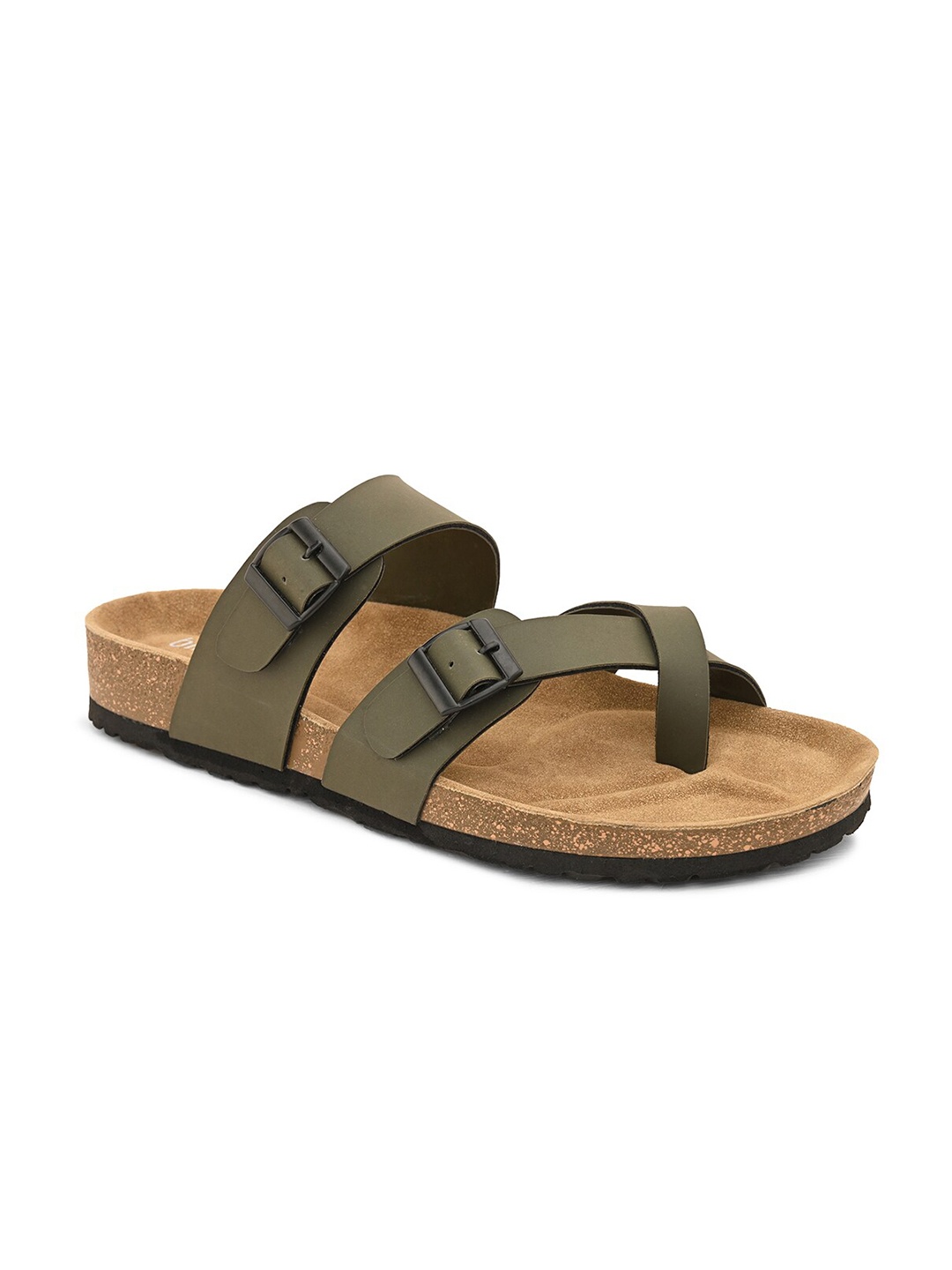 

birgos Men Buckle Detailed Leather Comfort Sandals, Green