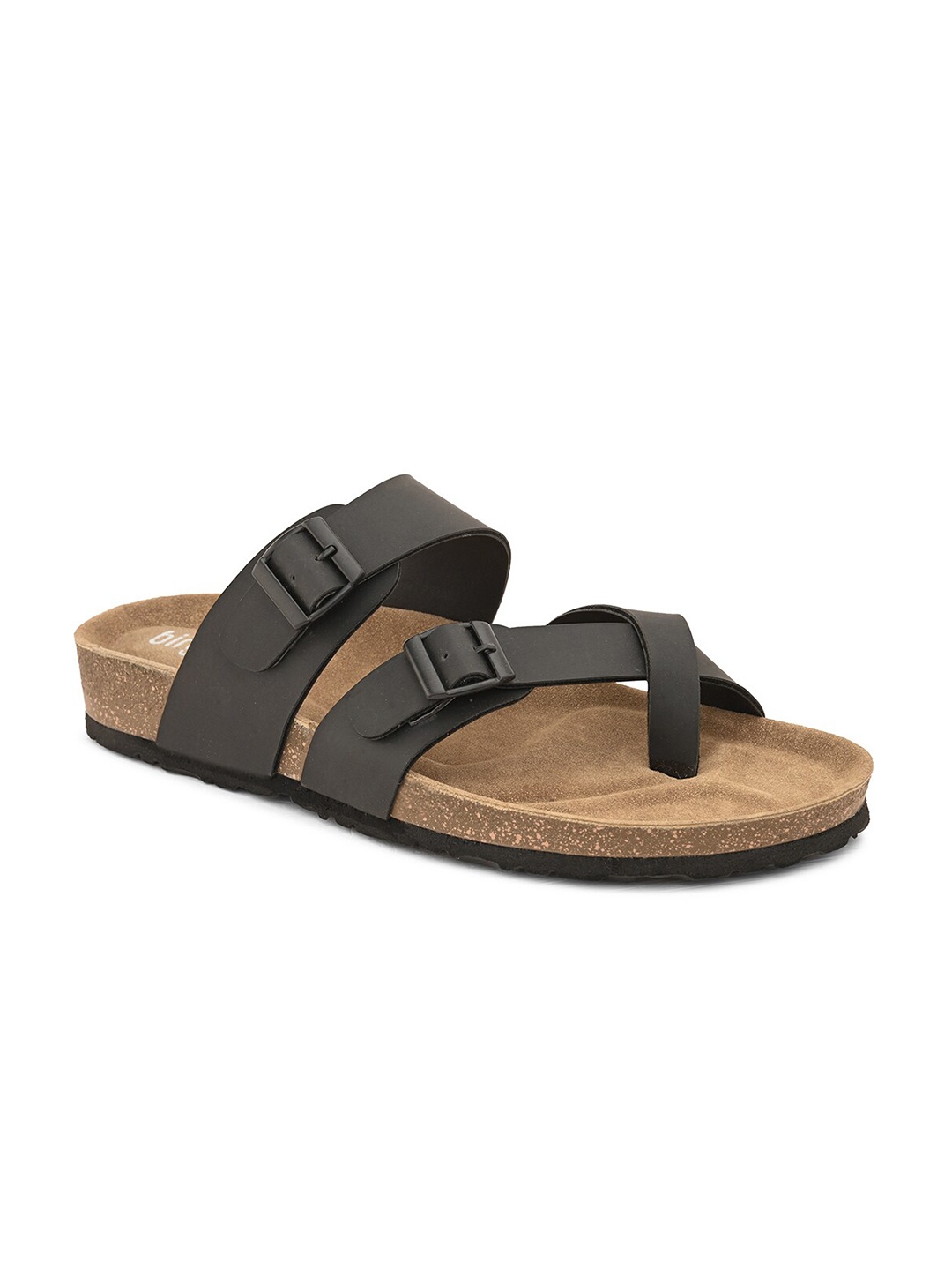 

birgos Men Buckle Detailed Leather Comfort Sandals, Black