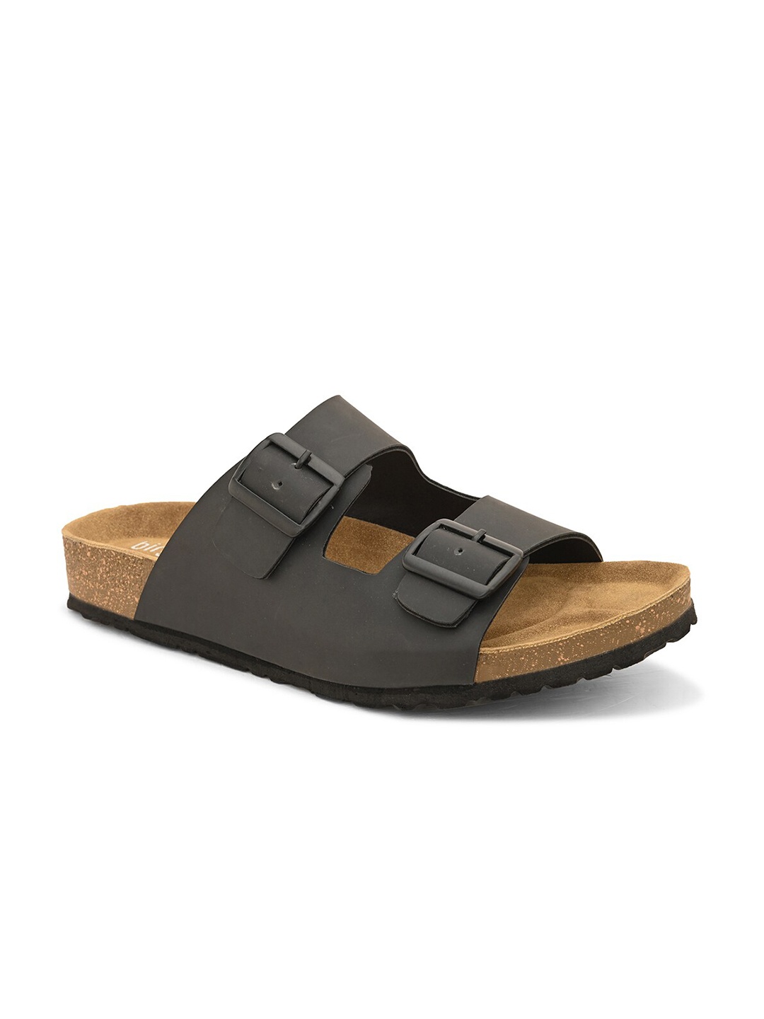 

birgos Men Buckle Detailed Leather Comfort Sandals, Black