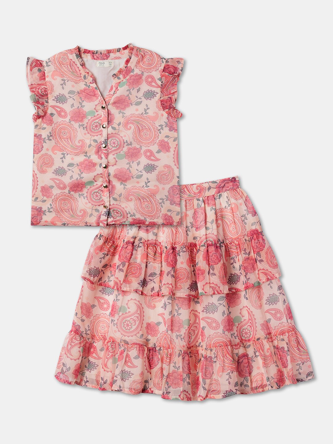 

R&B Girls Floral Printed Top with Skirt, Pink