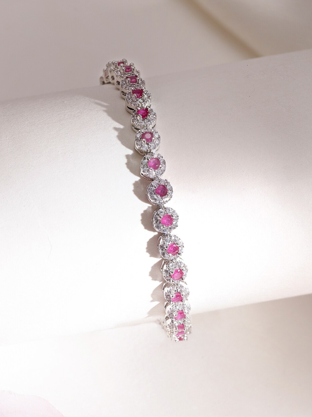 

Rubans Rhodium plated Pink Sapphire CZ Chic Demi-Fine Tennis Bracelet, Silver
