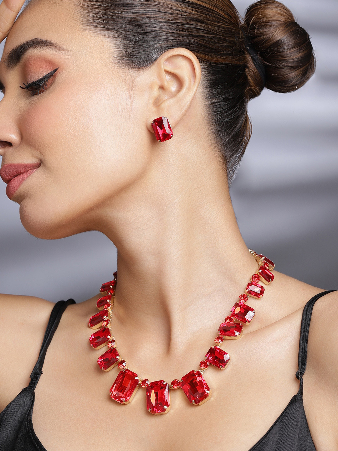 

Rubans 18KT Gold-Plated Prince Cut Ruby Studded Necklace Set