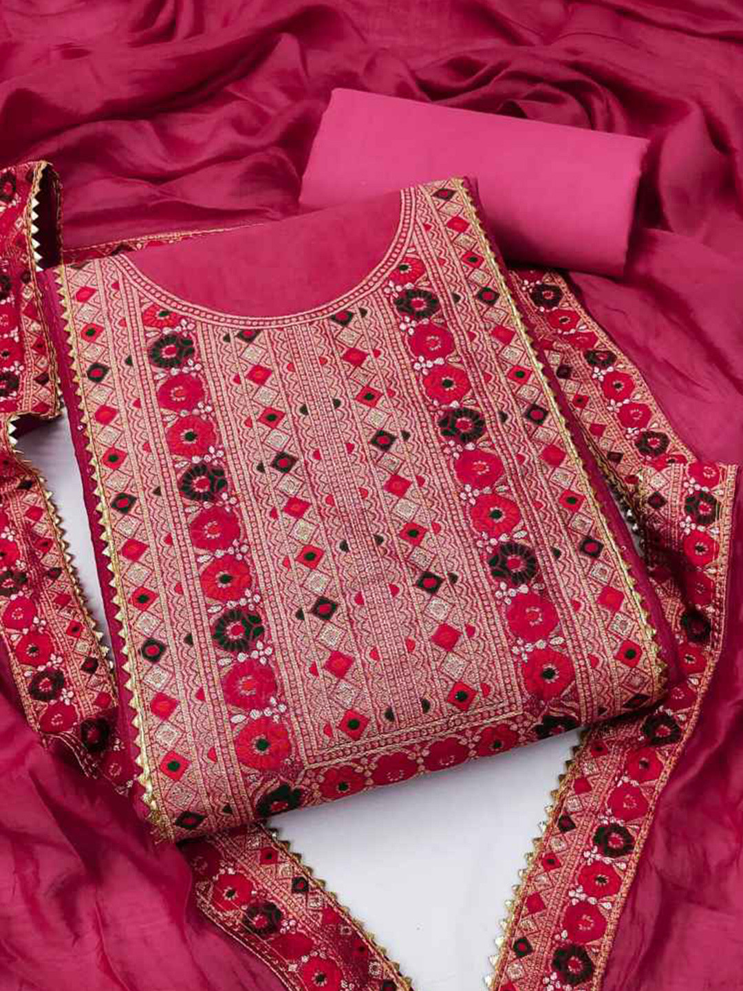 

faxofab Ethnic Motifs Woven Design Gotta Patti Unstitched Dress Material, Pink