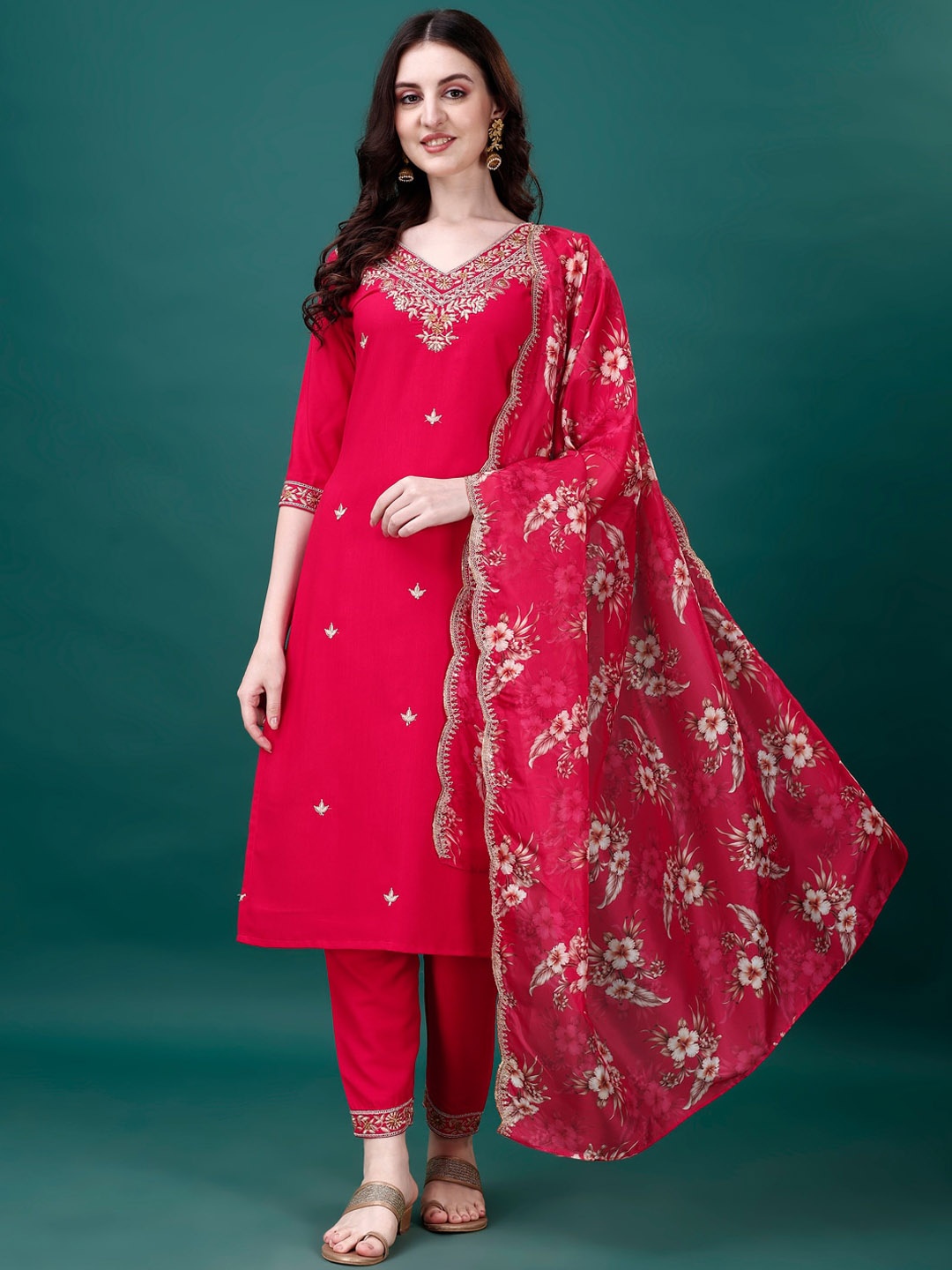 

KALINI Floral Embroidered Sequinned Kurta With Trousers & Dupatta, Fuchsia