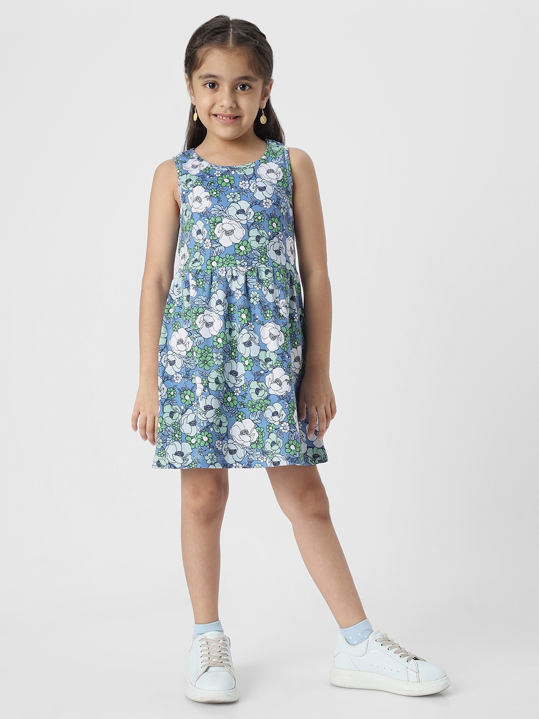 

Nauti Nati Girls Floral Print Sleeveless Round Neck Cotton A-Line Dress, Blue