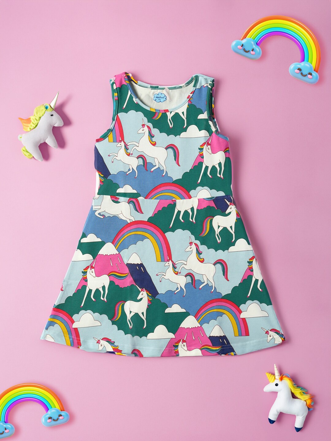 

Nauti Nati Girls Conversational Print Sleeveless Round Neck Cotton A-Line Dress, Blue