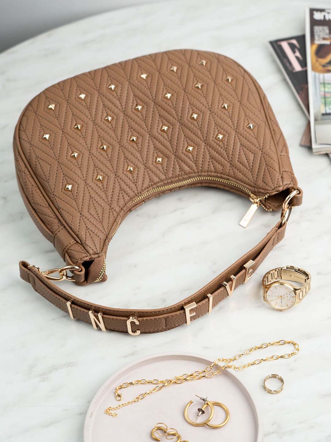

Inc 5 Embellished Half Moon Sling Bag with Tasselled, Brown
