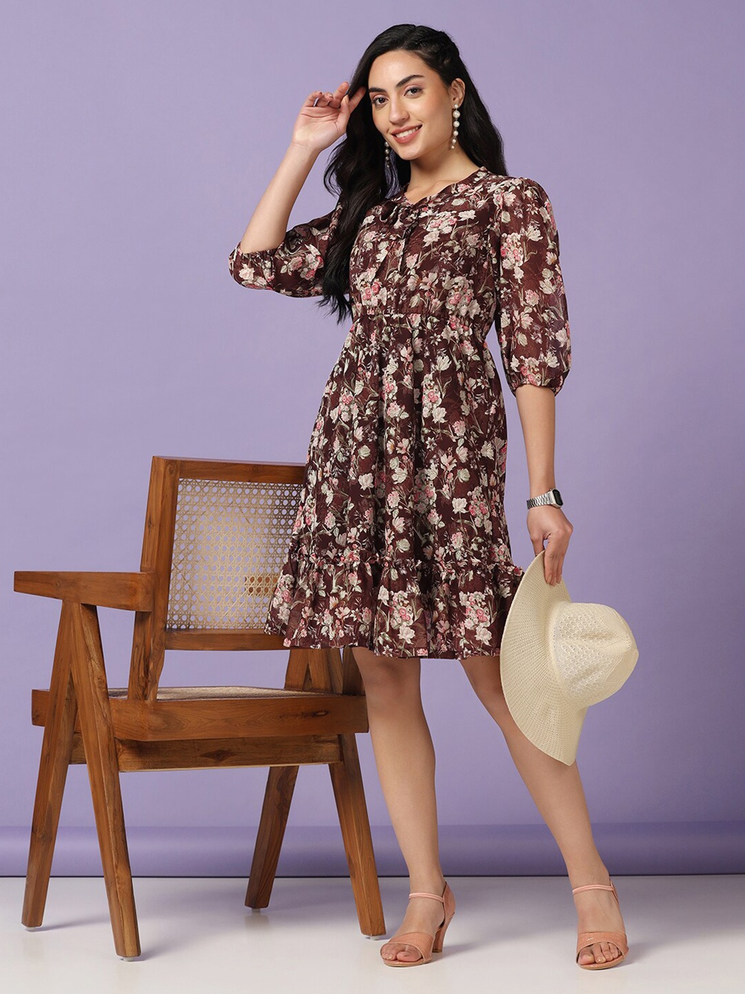 FASHION DREAM Floral Printed Puff Sleeve Georgette A-Line Dress, Brown