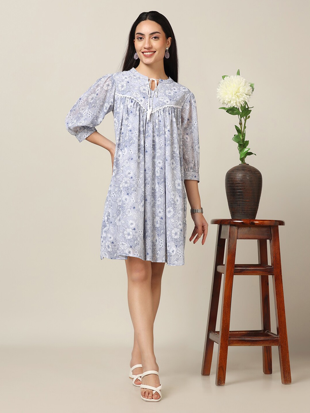 

FASHION DREAM Floral Printed Chiffon A-Line Dress, Grey