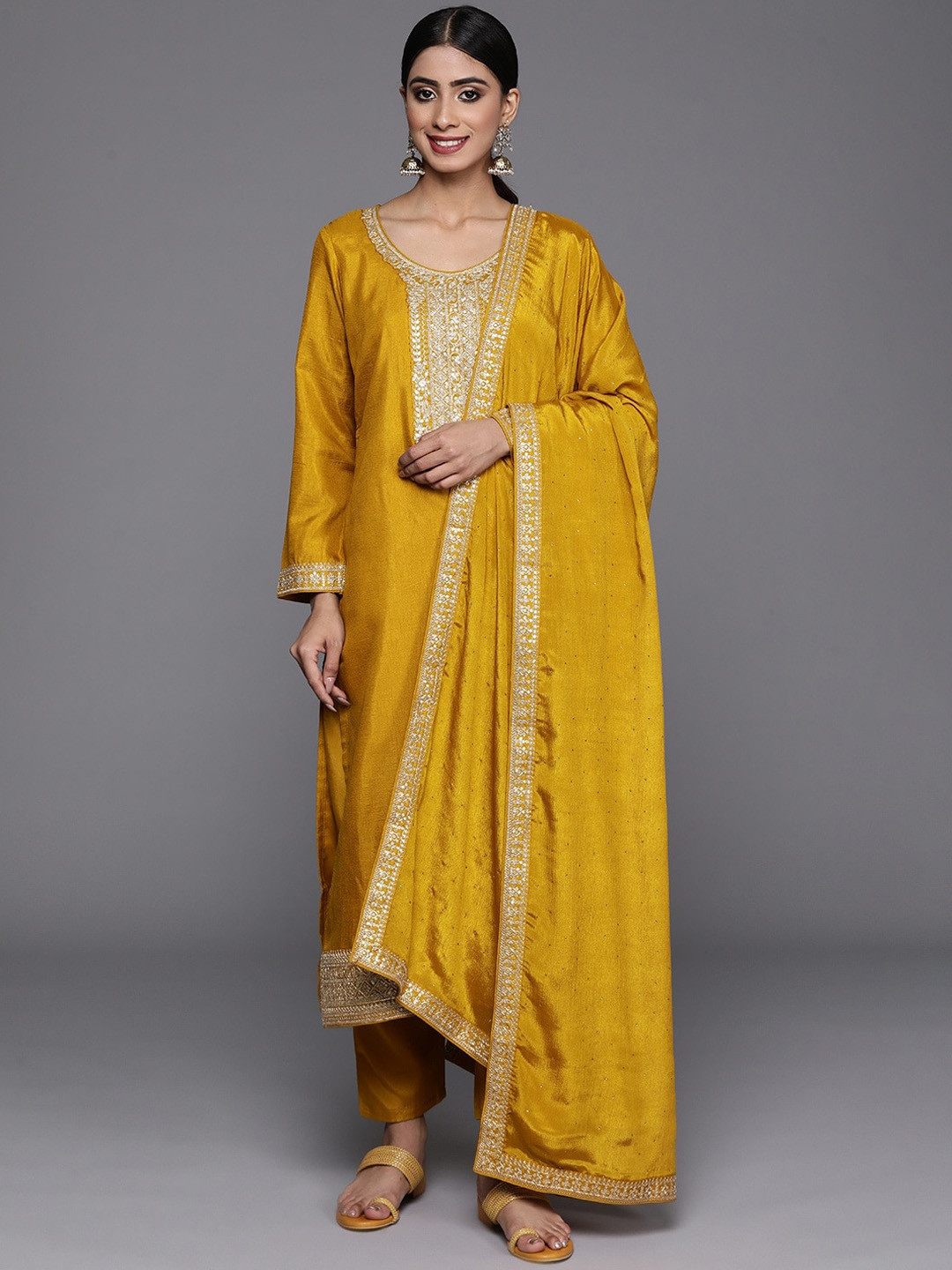 

Growdamy Yoke Design Regular Round Neck Thread Work Kurta with Trousers & Dupatta, Mustard