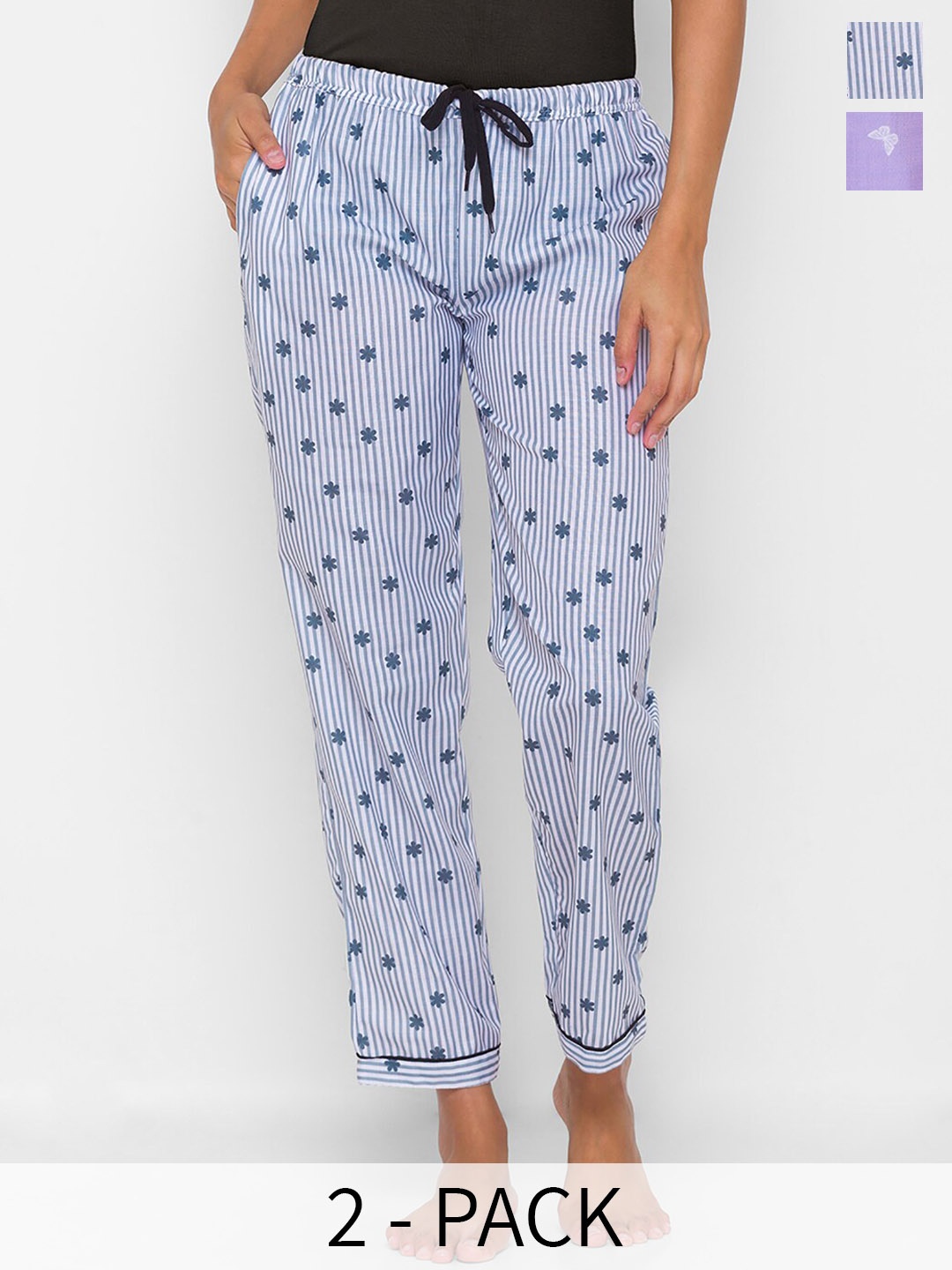 

NOIRA Pack of 2 Printed Mid-Rise Straight Lounge Pants, Blue